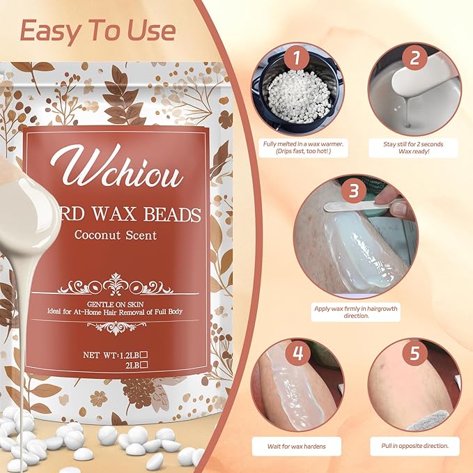Wax Beads, Hard Wax Beads for Hair Removal, 2lb Waxing Stocking Stuffers for Women, With Coconut formula for Sensitive Skin, For Face Eyebrow Leg Bikini Brazilian Waxing, Coarse Body Hair Specific
