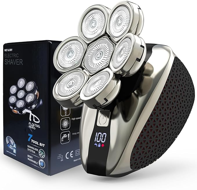 7D Head Shavers for Bald Men, Water Proof Electric Razor for Men with LED Display, Detachable Wet/Dry Anti-Pinch Head Shavers, Shaving Grooming Kit for Balder, Perfect for Home & Travel（Black）
