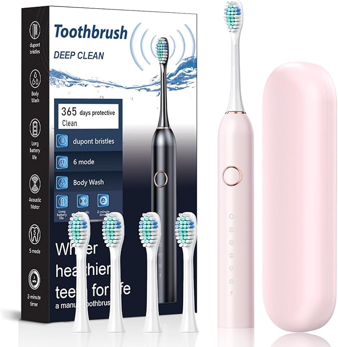 Electric Tootbrush for Adults, 6 Cleaning Modes Sonic Toothbrush with 4 Brush Heads, 45000 VPM, IPX7 Waterproof Rechargeable Toothbrushes Built-in 800mah Battery (Pink+4 Brush Heads)