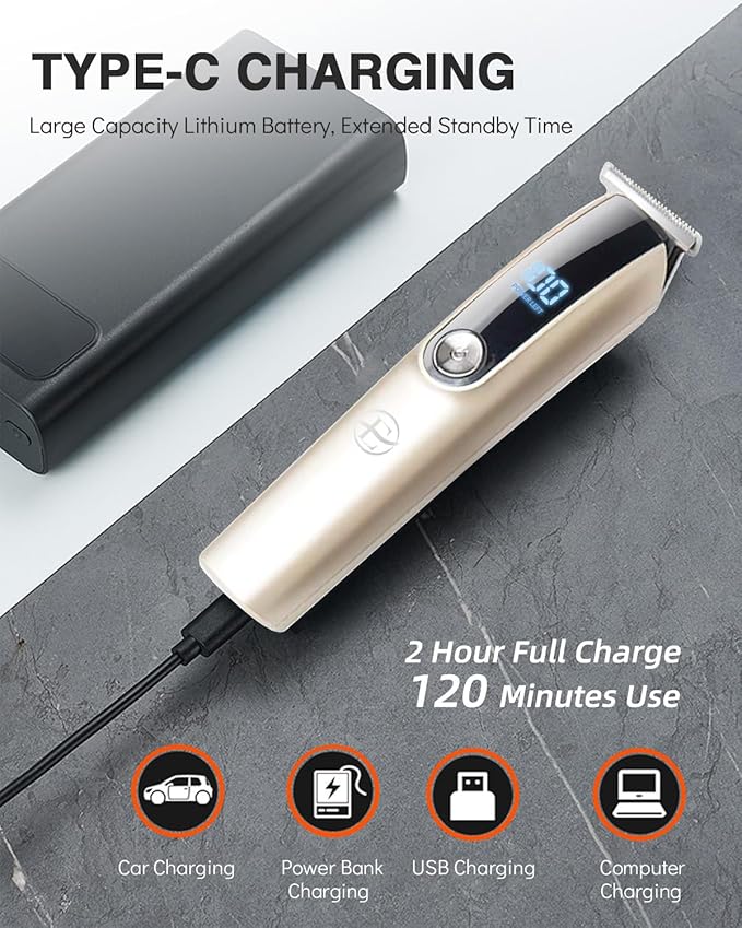 Beard Trimmer for Men - 5 in 1 Kit Electric Razor, Nose Hair Trimmer with LED Display, Cordless Mustache Body Face Grooming Kit, Rechargeable Beard Shaver (Gold)