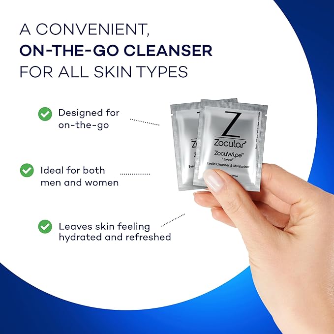 Zocular ZocuWipe Eyelid Cleansing Wipes with Natural Okra Complex – Gentle Daily Eyelid Cleanser & Moisturizing Pads – Makeup Remover & Eye Hygiene Wipes – 30 Count