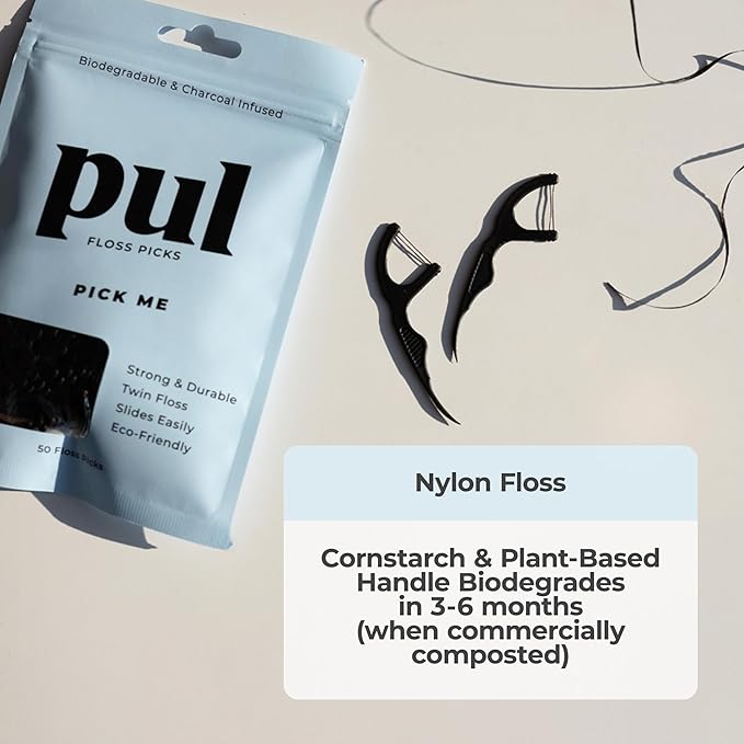 PUL Dental Floss Picks – Mint Teeth Flossers for Deep Cleaning, Removing Food Particles & Plaque – Shred-Resistant Nylon Floss, Plant-Based Handle, Fluoride Free – for Adults & Kids (50 Count)