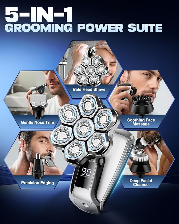 Head Shavers for Bald Men, 7D Floating Blades Electric Razor with Magnetic Detachable Heads, IPX7 Waterproof Rotary Shaver 5-in-1 Self-Grooming Kit Gift for Balder