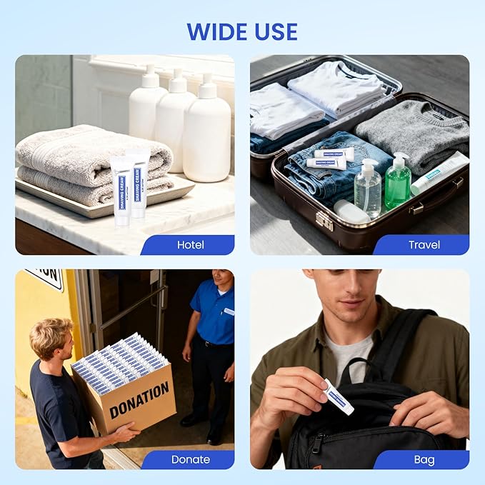 100 Pack Travel Size Shaving Cream Bulk,10ml/0.35fl oz Individually Wrapped Mini Disposable Shaving Cream in Bulk 1.2x2.8 inch Travel Size Toiletries Amenities for Guests,Homeless,Charity