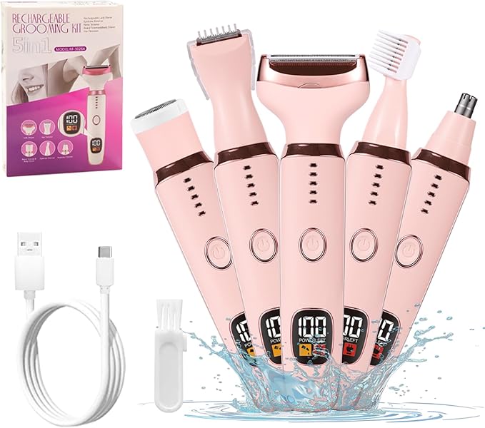 Electric Razors for Women, 5 in 1 Painless Ladies Wet & Dry Body Razors and Facial Hair Remover, Rechargeable Facial and Body Hair Remover for Face Nose Eyebrow Arms Armpit Legs Pubic Area (Pink)