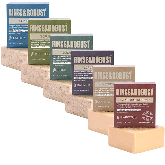 Rinse & Robust Mens Natural Bar Soap 6Pcs Handmade Cleansing Moisturizing&Exfoliating Scrub Soap Set Gifts for Men Body&Hand All Skin Type 6 Different Scents 5.3 oz of 6 Bars
