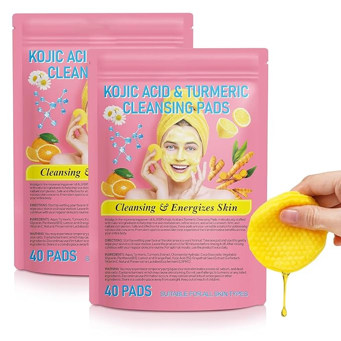 Turmeric Kojic Acid Cleansing Pads, 80 Counts Turmeric Face Scrub Pads, Enriched with Vitamin B5 & C, Daily Skin Care for Men & Women Face Cleansing and Exfoliation