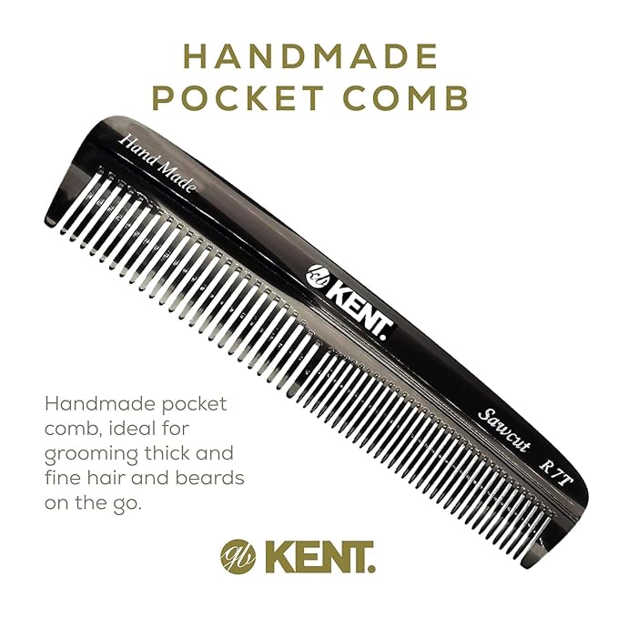 Kent R7T Fine and Wide Tooth Hair Comb, Handmade Pocket Comb for Men, Best Beard Comb and Mustache for Everyday Grooming and Styling, Sawcut Made in England