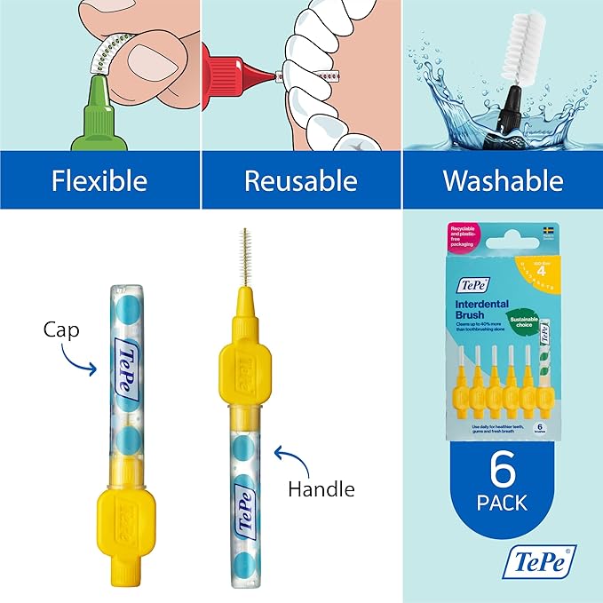 TePe Interdental Brush Original, Soft Dental Brush for Teeth Cleaning, Pack of 6, 0.7 mm, Medium Gaps, Yellow, Size 4
