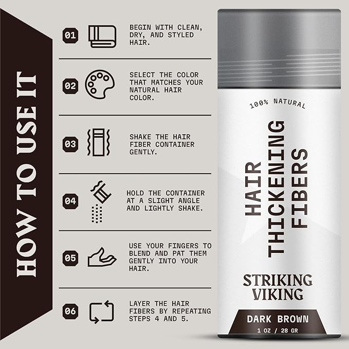 Striking Viking Hair Fibers for Thinning Hair - Dark Brown, 0.98 Oz, Pack of 1 - Volume-Boosting Thickening Powder - Long-Lasting Hold Styling Powder