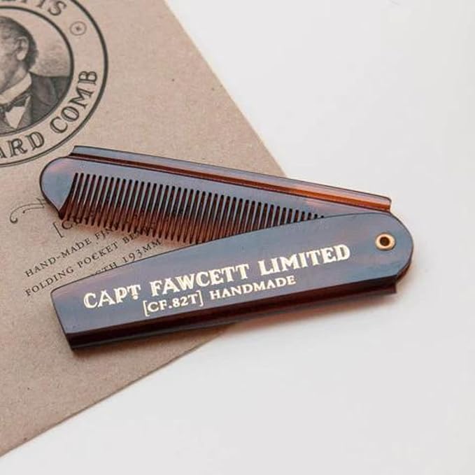 Captain Fawcett Folding Pocket Beard Comb | Hand Crafted | Fine Toothed Hair Comb | 82T | 193mm |
