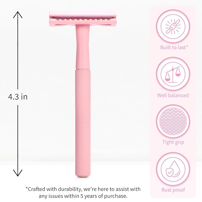 Bambaw Double Edge Safety Razor for Women With 5 Blades - Single Blade, Plastic Free Eco Razor, Reusable - Pink