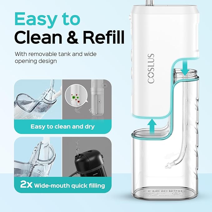 COSLUS T40 Mini Water Flosser for Travel: Portable Compact Design, Cordless Oral Irrigator with 4 Jet Tips Storable, IPX7 Waterproof for Braces, Orthodontic, Sensitive Gums Outing & Home, White