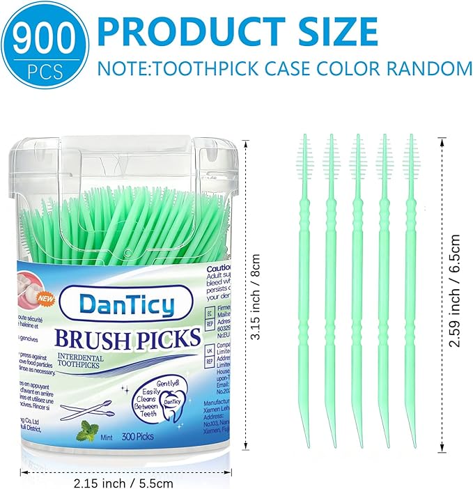 Brushpicks Interdental Toothpicks,Soft Bristle Dental Floss Picks Toothpicks,Helps Removes Plaque and Debris Between Your Teeth, Mint, 900PCS (Pack of 3)