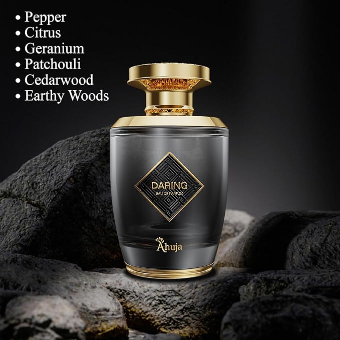 AHUJA Daring Eau De Parfum 3.4 Fl Oz – Long Lasting Perfume for Men w/Pepper & Citrus, Geranium & Patchouli – Bold Masculine Fragrance w/Fresh & Earthy Notes for Everyday Wear – Elegant Gift Scent