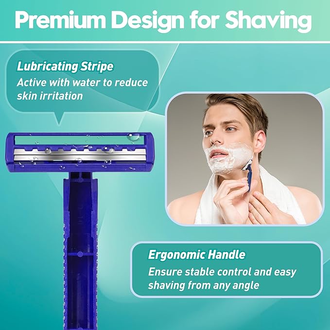 Individually Wrapped Twin Blade Disposable Razors – 40 Pack Stainless Steel Shavers with Lubricating Strip, Safety Cap & Non-Slip Handle for Sensitive Skin, Travel, Hotel, Hygiene Use