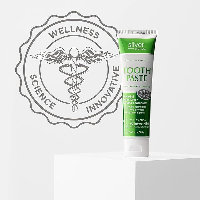 Silver Biotics Tooth Paste | SilverSol Ag₄O₄ 20 ppm Nano-Silver Infused + Above-Sea Coral Calcium | Naturally Whitening | Flouride-Free | Winter Mint | 4 oz