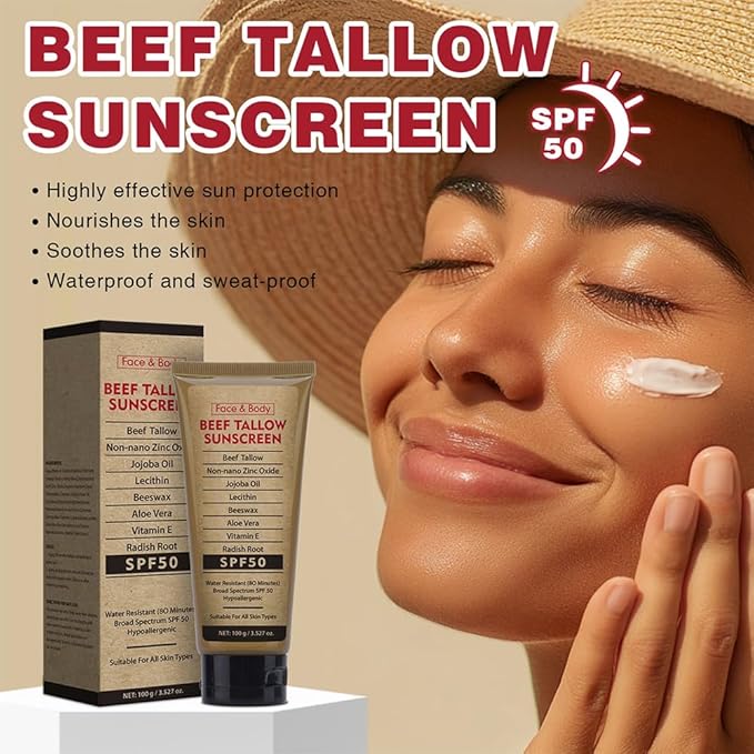 Beef Tallow Sunscreen for Face & Body: SPF 50 Zinc Oxide Sunblock, Non-Greasy Clean Formula, Sun Balm for Summer Outdoor Travel