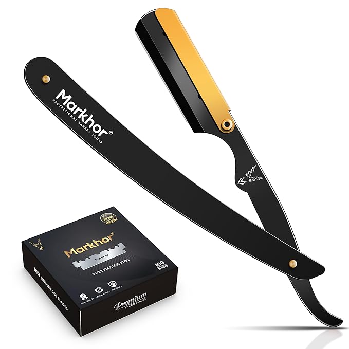 Markhor® Straight Razors for Men with 100 Single Edge Razor Blades | Matte Black with 24k Gold Platted Barber Straight Razor | Straight Edge Razor | Barber Razor Blade | Navajas Para Barbero