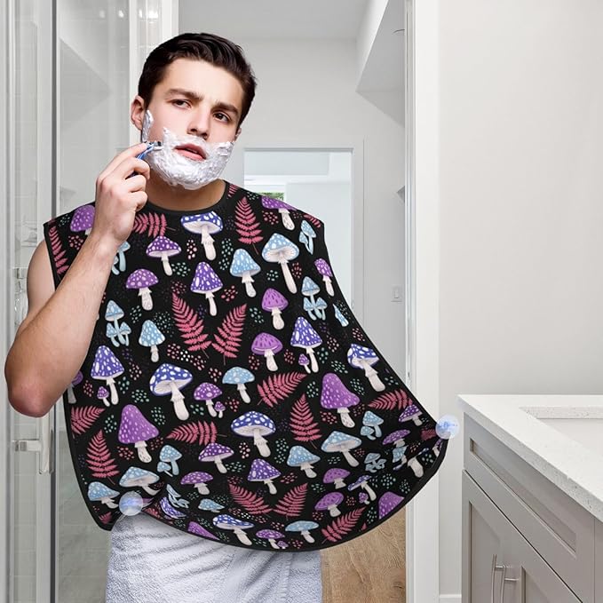 Ultimate Shaving Bib, Beard Trimming Apron with Hair Catcher, Trippy Purple Blue Mushrooms