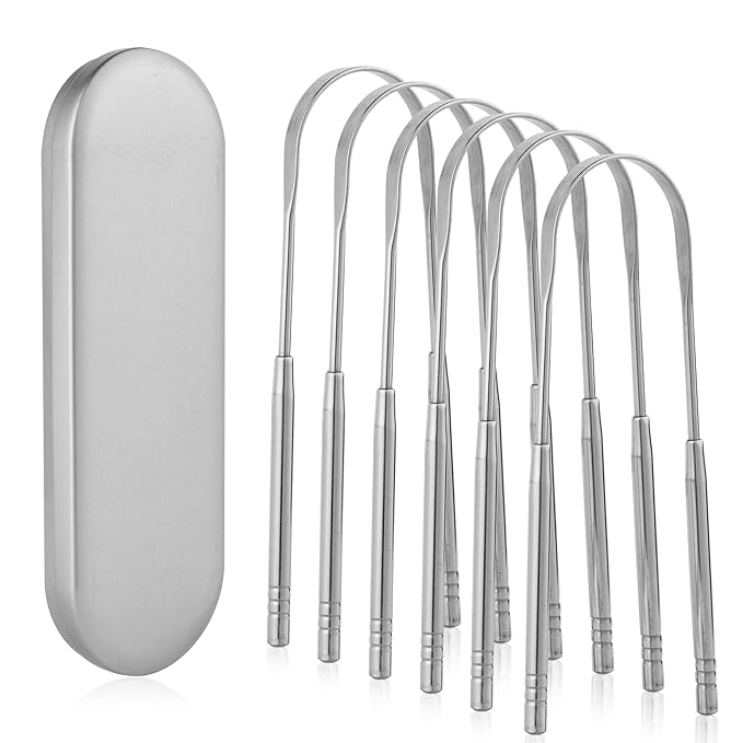 6 Pack U-Shaped Tongue Scrapers - Reusable & Easy to Clean Tongue Scrubber with Travel Case for Adults & Kids - Medical-Grade 100% Stainless Steel Tongue Cleaner for Fresh Breath & Oral Care
