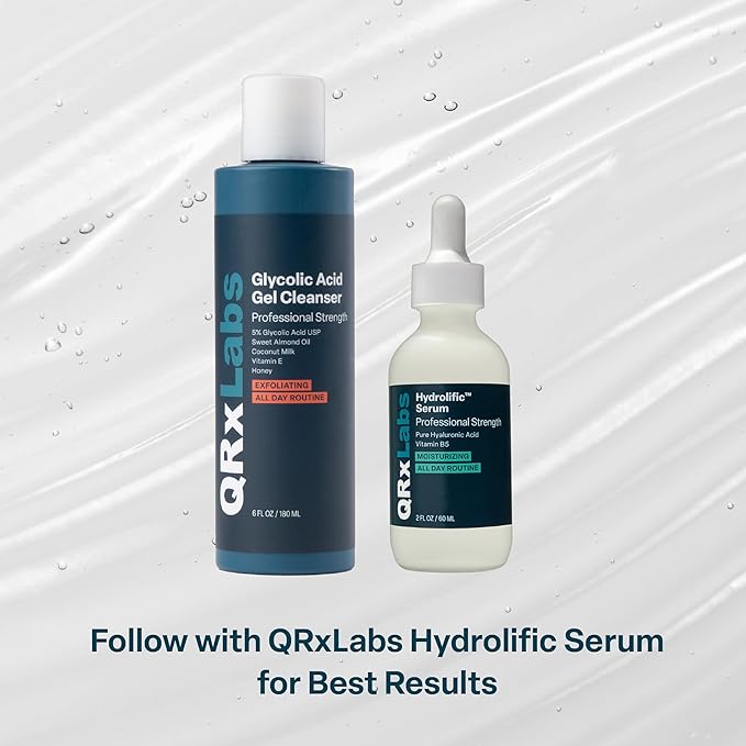 QRxLabs Glycolic Acid Face Wash Gel Cleanser - 10% Glycolic Acid Exfoliating Cleanser - Oil Control Face Wash for Women - Dark Spot Correction Facial Exfoliator - Unscented, 6 Fl Oz, Pack of 1