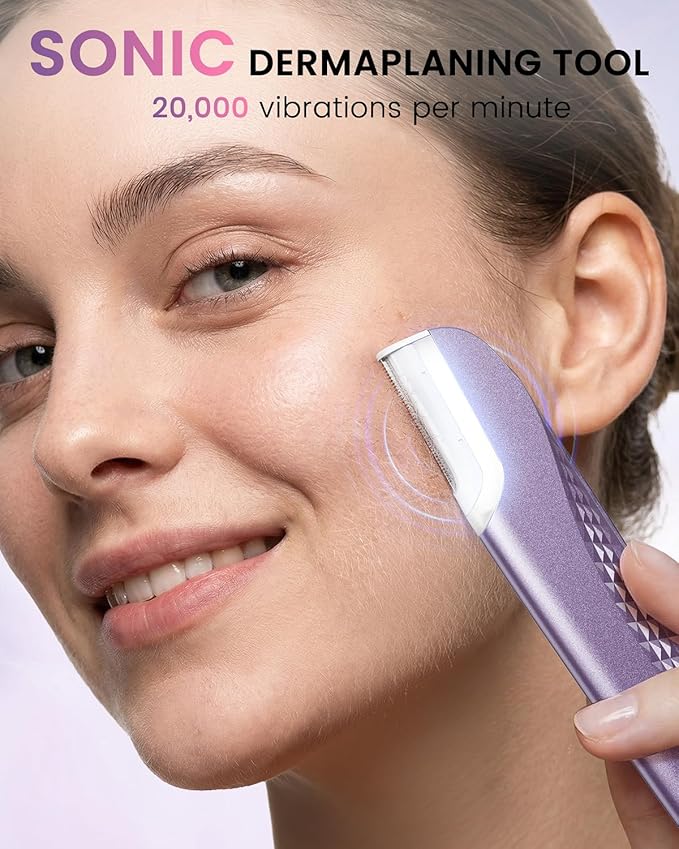 Dermaplane Razor For Women Face, 3 Adjustable Dermaplaning Tool,Facial Hair Removal Razors with Led Light for Peach Fuzz,Rechargeable Sonicsmooth Facial Hair Remover with 8 Replacement Blades (Purple)