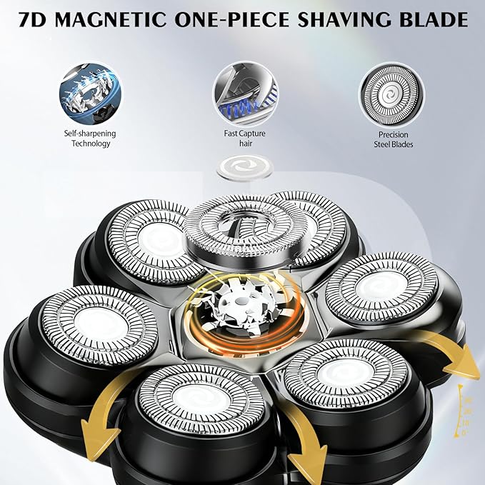 Universal Head Shaver Replacement Heads Magnetic 7 Blades Head Shavers Replacement Blades Compatible with Freebird Shaver & Other Brands (hmblack7)