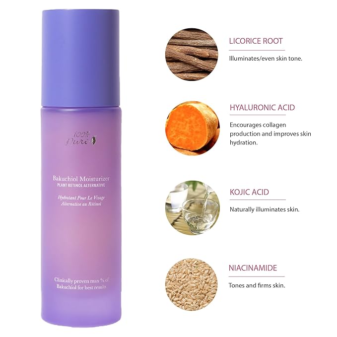 100% PURE Bakuchiol Facial Moisturizer Natural Retinol Alternative Face Cream with Anti Aging Antioxidants Hyaluronic & Kojic Acid Squalene Daily Skincare for Women & Men - 1.7 fl oz