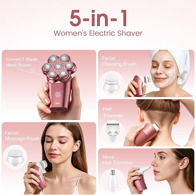 Electric Razors for Women Legs: 5-in-1 Rechargeable Body Shaver, 7D Wet & Dry Body Trimmer, IPX7 Waterproof Lady Hair Remover for Face Underarms Pubic, Matte Pink