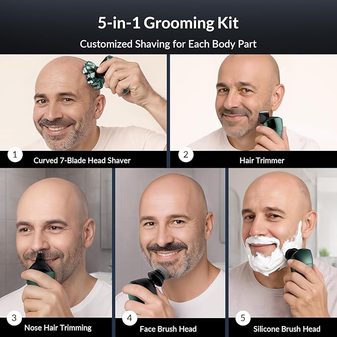 Head Shavers for Bald Men - 7D Arc Magnetic Detachable Electric Razor, Waterproof Wet Dry 5-in-1 Electric Shaving & Grooming Kit, LED Display Rechargeable Head & Body Hair Shaver, Green