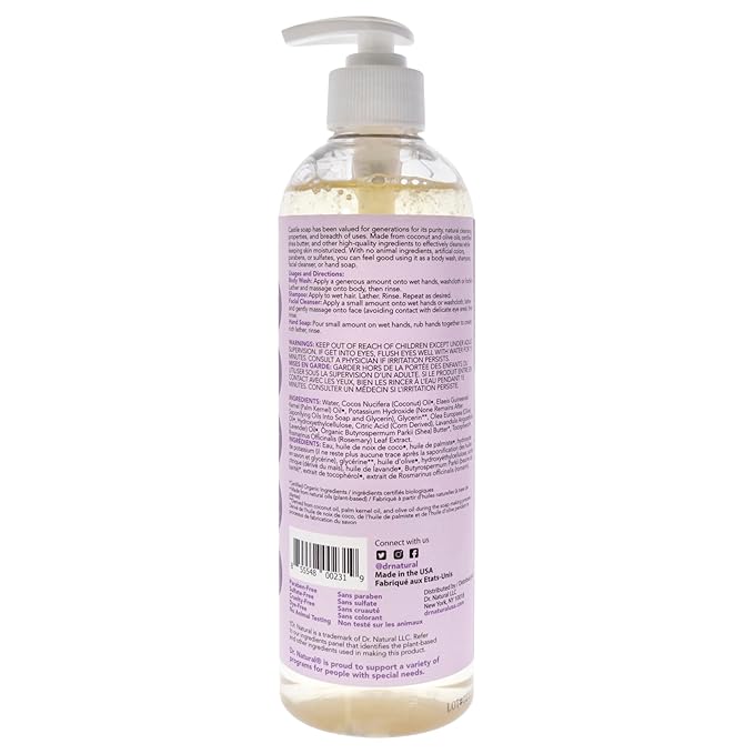 Dr. Natural Castile Liquid Soap - Multi-Use Body Wash, Shampoo and Face Wash - Hydrating Body Soap for Skin, Hair, Pets and Home - Lavender - 16 oz