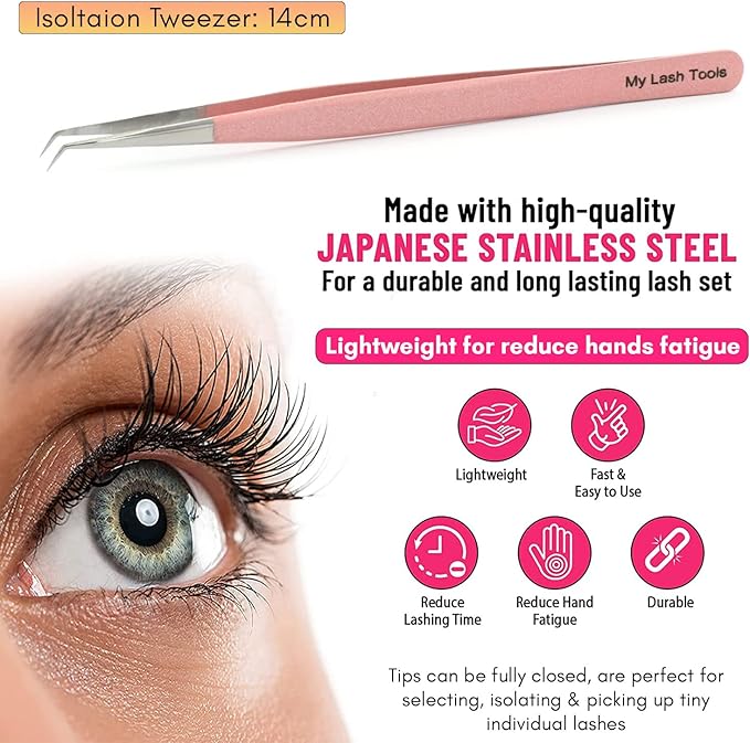 Isolation Lash Tweezers for Eyelash Extensions – 14cm Curved Tweezer, Japanese Stainless Steel, Best for Individual Isolation & Classic Lashes, Eyelash Twisers (Blush Pink)