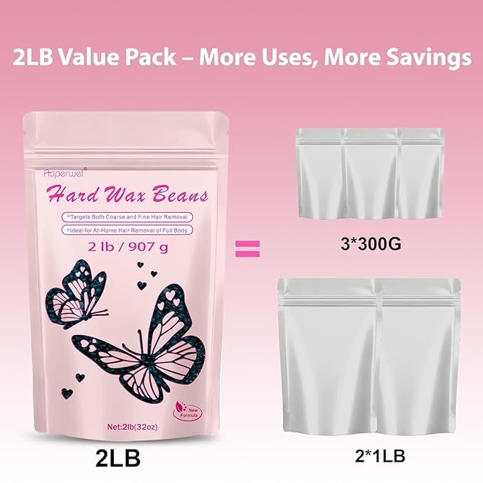 Wax Beads, 2lb Hard Wax Beads Includes 20 Sticks for Hair Removal and Sensitive Skin, Large Hard Wax for Brazilian, Bikini, Armpits, Face & Body Waxing,Jasmine
