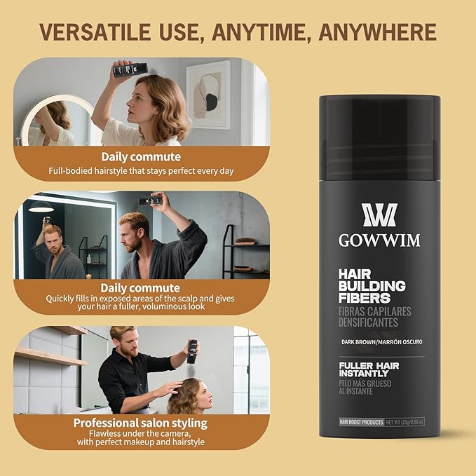 gowwim Hair Fibers for Thinning Hair, Instant Volumizing & Thickening for Loss Bald Spot and Grey Coverage Touch up Natural Waterproof Filler Building Fibers for Women & Men