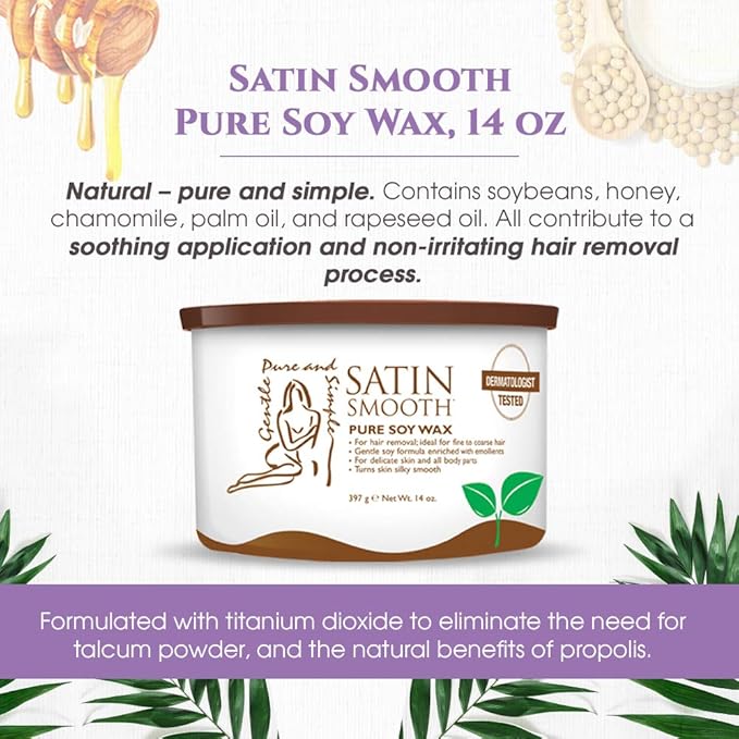 Satin Smooth Soy Hair Removal Wax - Painless Waxing for Sensitive Skin, Effective for Face, Legs, & Bikini, Ideal for Fine to Coarse Hair 14 oz