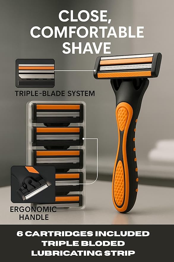 Triple Blade Razor for Men – Lubricating Strip Shaving System with Anti-Slip Handle & 6 Replacement Cartridges – Smooth & Comfortable Shave