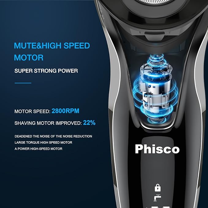 Electric Razor for Men - Phisco Electric Shavers for Man Face, USB Rechargeable, Waterproof Wet Dry Razors with Pop-Up Trimmer, LED Display, Travel Lock