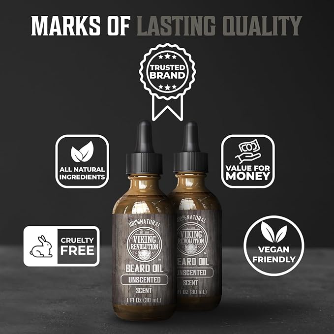 Viking Revolution Men's Beard Oil with Argan and Jojoba Oils - Natural Softener and Conditioner, Strengthens and Moisturizes (Unscented, 2 Pack)