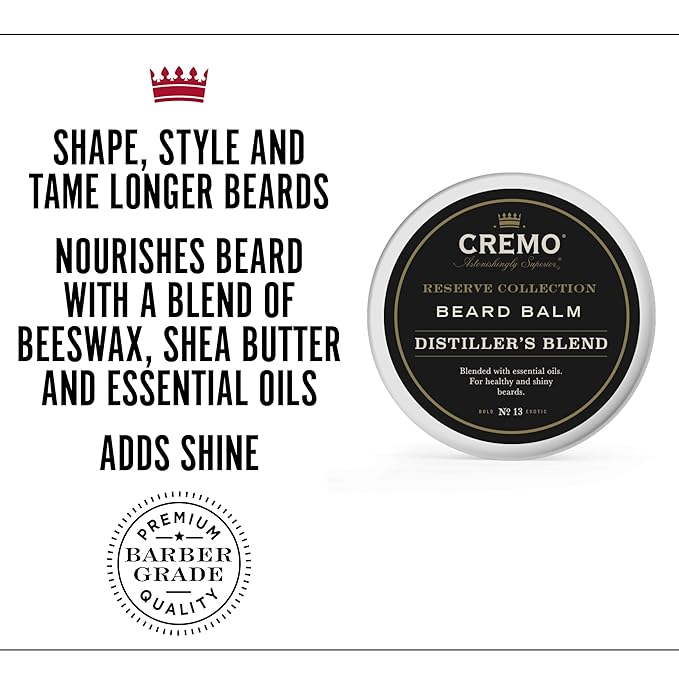 Cremo Styling Beard Balm, Distiller's Blend (Reserve Collection), Nourishes, Shapes And Moisturizes All Lengths Of Facial Hair, 2 Ounce