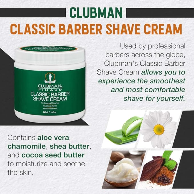 Clubman Pinaud Classic Barber Shave Cream, Moisturizing and Conditioning for Smooth Shave, Professional Quality for All Beard Types, 16 fl oz, 1-pack