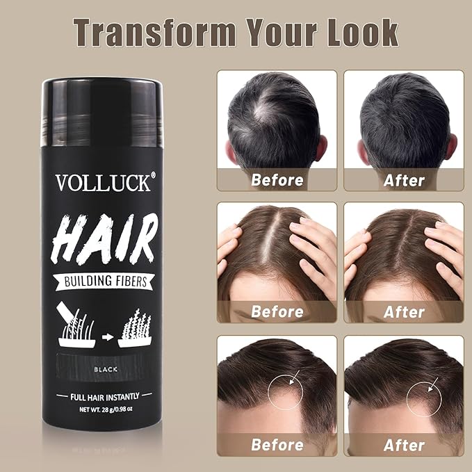 VOLLUCK Hair Fibers for Thinning Hair, Instant Coverage Hair Building Fibers for Women and men, Natural Hair Powder for Conceal Hair Loss 28 g*2 (Black, 2 PCS)