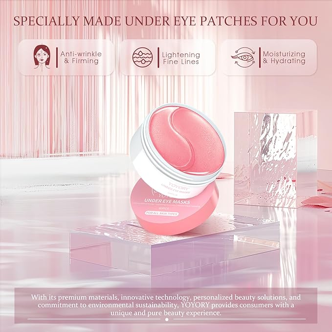 Under Eye Patches for Dark Circles and Puffiness, 60 Pcs Collagen Eye Masks for Eye Bags, Fine Lines & Wrinkles, Eye Treatment with Hyaluronic Acid for Hydrating & Moisturizing, Pink