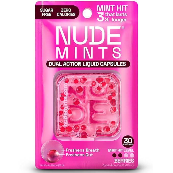 NUDE Mints | Dual Action Liquid Capsules | Mouth Watering Mint - Lasts 3X Longer - 3X Stronger - Extreme Bad Breath Solution for Adults - Sugar Free, 0 Calorie - Berries - 10 Pack - 300 Capsules