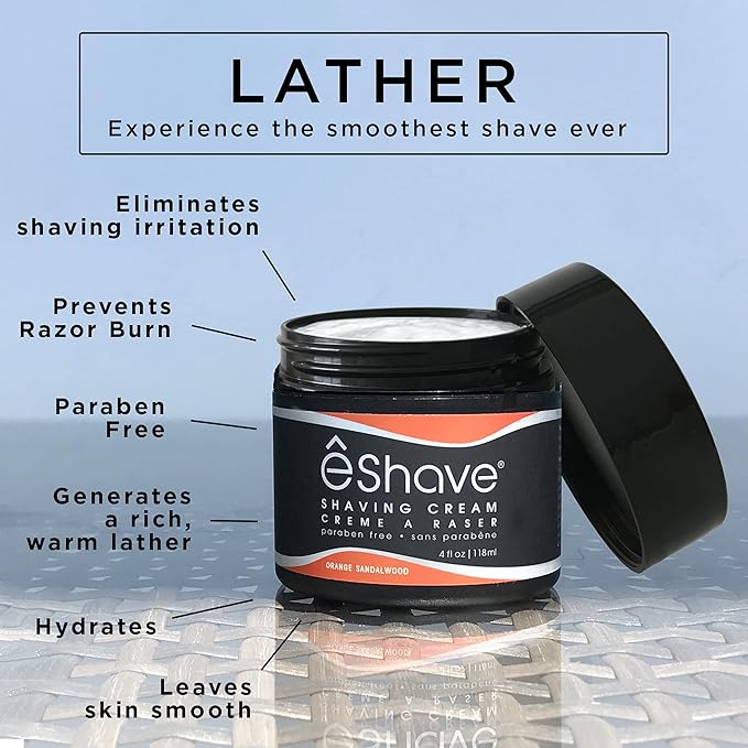 eShave Shaving Cream for Men, Orange Sandalwood, prevents shaving irritation and razor burn, generates a rich lather for a soft, silky, Smoothest shave