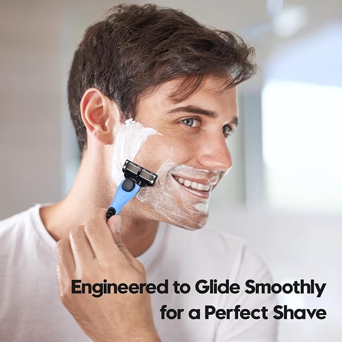 6-Blade Men's Razor with Dual Lubrication and Precision Trimmer, Shaving Kit for Men, 10 Piece Set, 1 Handle & 9 Refill Cartridges, Smooth Comfortable Shave (Blue)