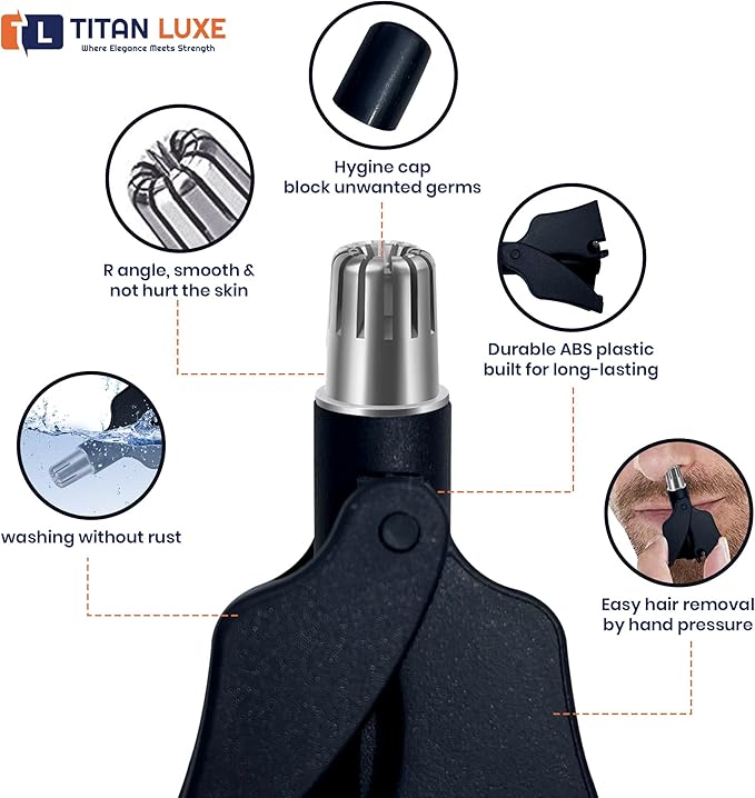 Stainless Steel Hair Trimmer for Men and Women | Manual Nose and Ear Hair Trimmer | Nose Clippers, 360° Rotating Hair Trimmers | Washable Nose Hair Remover | Black