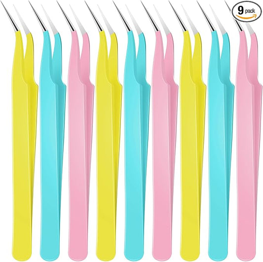 Honoson 9 Pieces Curved Pointed Craft Tweezers Stainless Steel Precision Tweezer with Protective Cover for Rhinestones Dried Flowers Craft Stickers Eyelash Extension Jewelry Making(Multiple Colors)