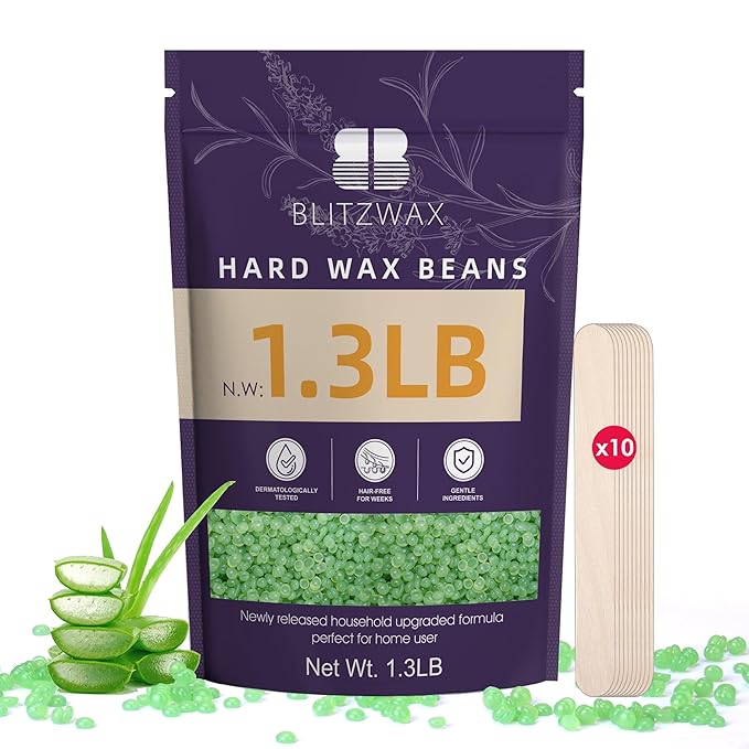 BLITZWAX Wax Beads 1.3lb for Hair Removal, Aloe Vera Hard Wax for Sensitive Skin, Stripless Waxing for Body, Bikini, Legs and Brazilian, Wax Refill with 10 Wooden Sticks for Home Use