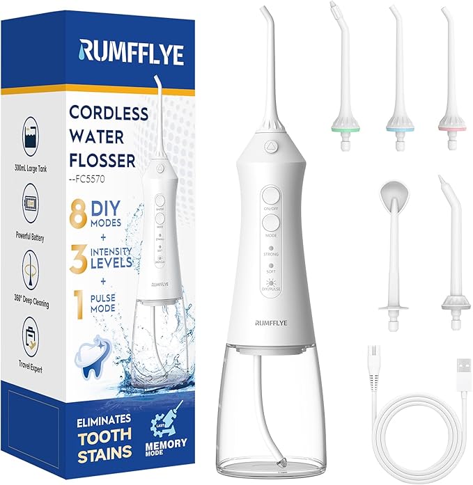 Water Dental Flosser Teeth Pick 300ML Portable Cordless Oral Irrigator for Teeth Cleaning with 4 Modes 5 Jet Tips 12 Pressure Settings USBCharger IPX7 Irrigation Cleaner for Home Travel White